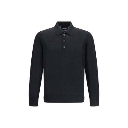 Giorgio Armani Black Fleece Wool Sweatshirt with classic collar and three-button closure, perfect for timeless everyday elegance.
