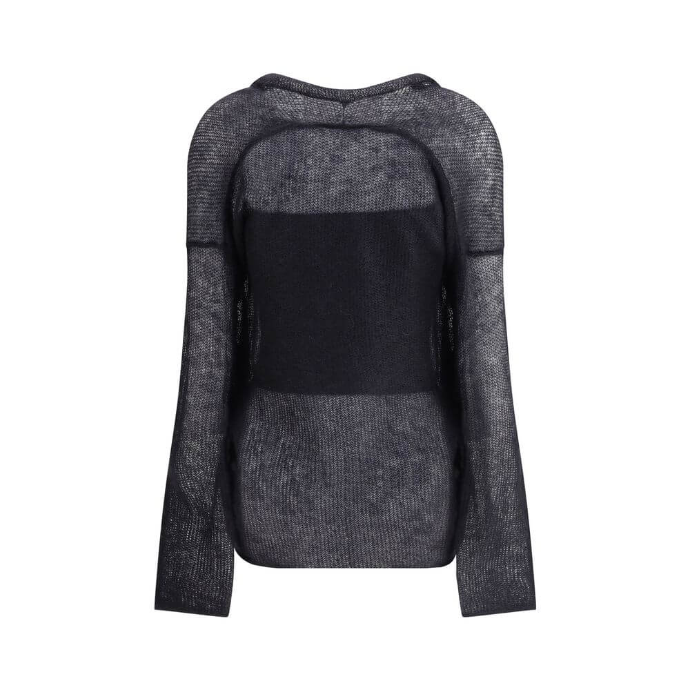 Giorgio Armani Black Mohair Cardigan with mesh stitching, a versatile double-breasted design ideal for elegant daytime wear.