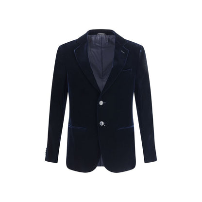 Giorgio Armani Black Viscose Blazer with peak lapels, two-button closure, and welt pockets for a timeless, elegant look.