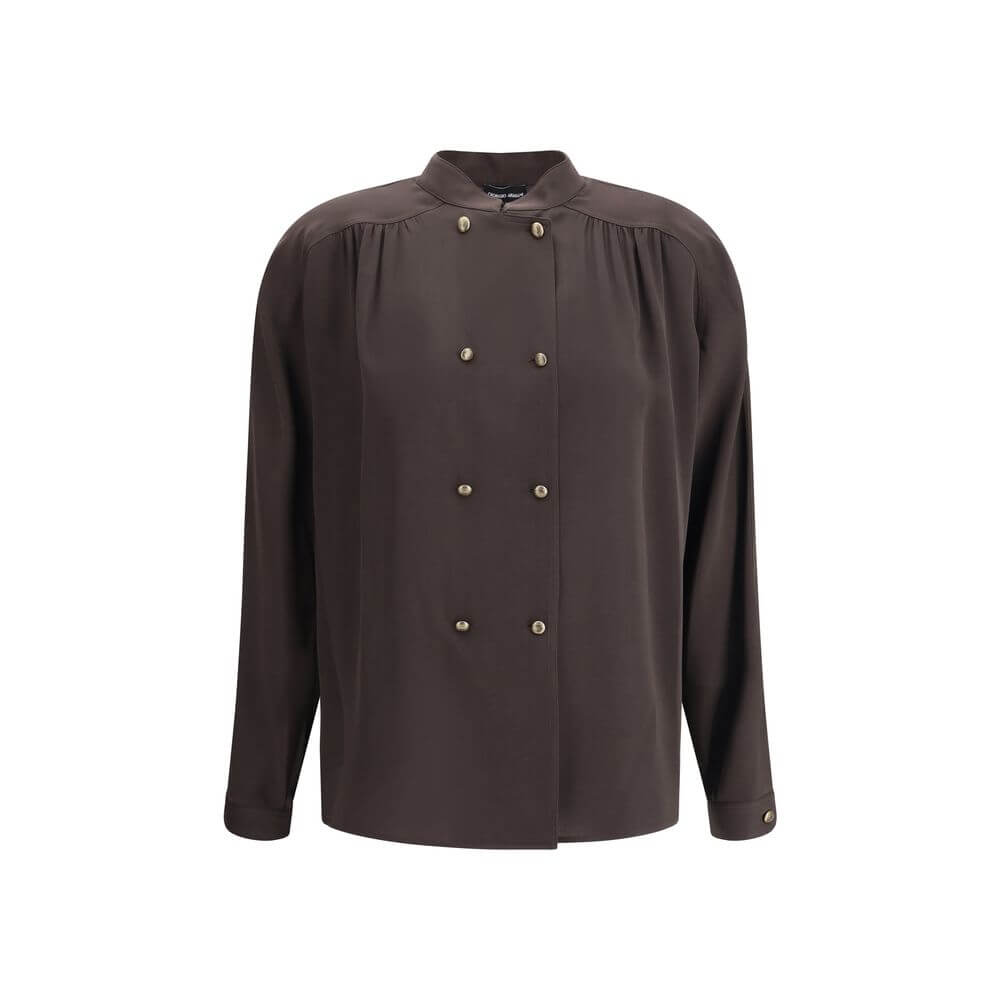 Giorgio Armani Brown Silk Shirt with double-breasted closure, mandarin collar, and embossed buttons, elegant design for refined style.