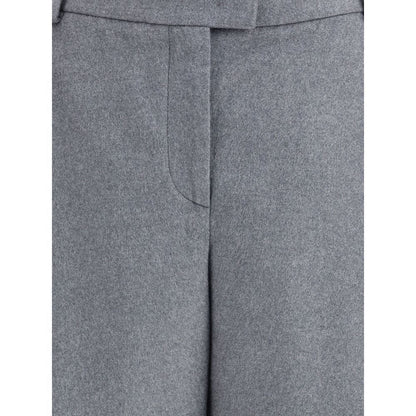 Giorgio Armani Gray Silk Casual Pants with waistband and tapered hem in close-up view, ideal for a relaxed, sophisticated look.