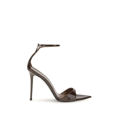 Giuseppe Zanotti Black Leather Stiletto Heel Sandals with silver-tone strap and pointed open-toe silhouette, side view.