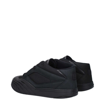 Givenchy Black Fabric Low Top Sneakers with logos, lace-up closure, rubber sole, and round toe design.