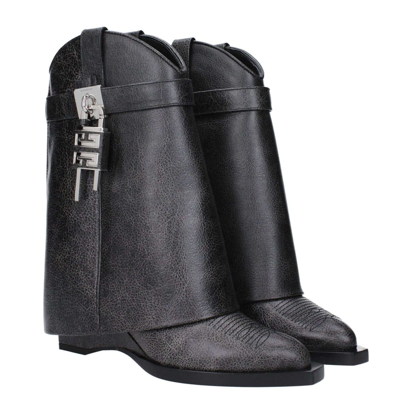 Givenchy Black Leather Ankle Boots with aged effect, wedge heel, and silver side logo detail.
