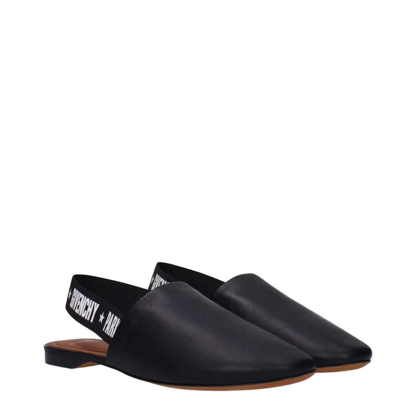 Givenchy Black Leather Slides featuring side and back logo, round toe design, low flat heel, and leather sole for casual style.