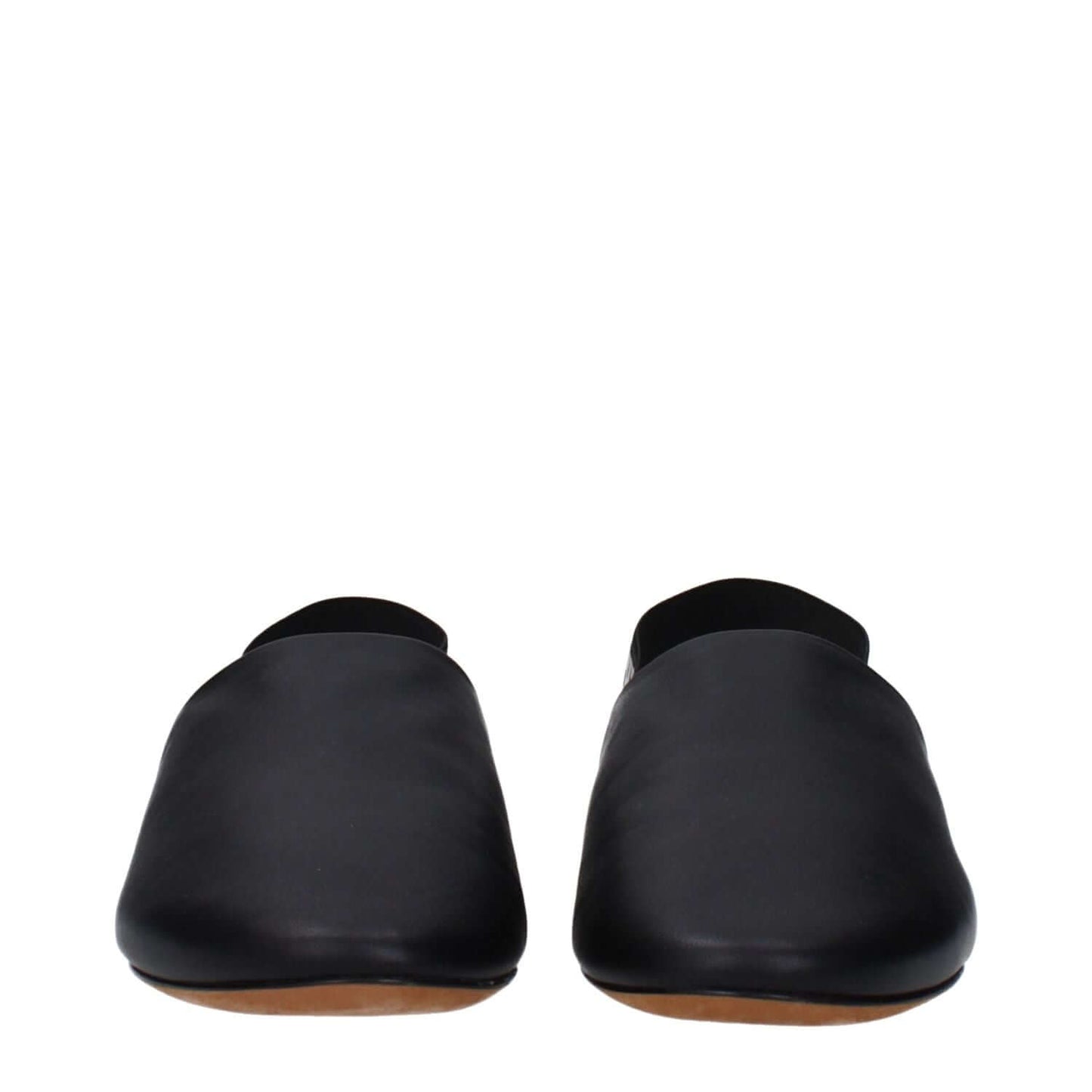 Front view of Givenchy Black Leather Slides with round toe design, featuring side and back logos. Casual style, low flat heel sandals.