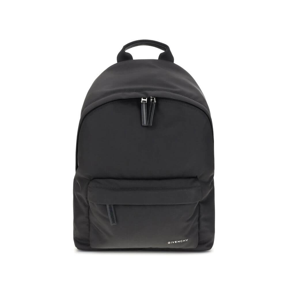 Givenchy Black Polyamide Backpack with metal signature and leather pull tabs on display.