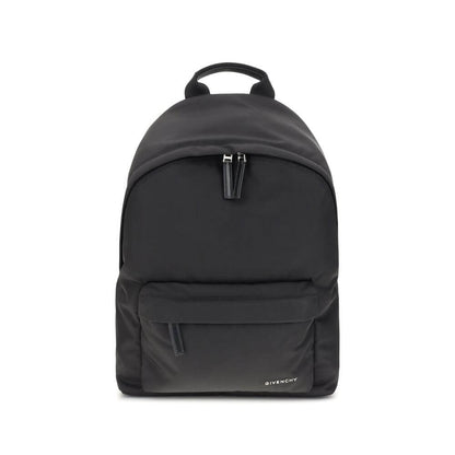 Givenchy Black Polyamide Backpack with metal signature and leather pull tabs on display.