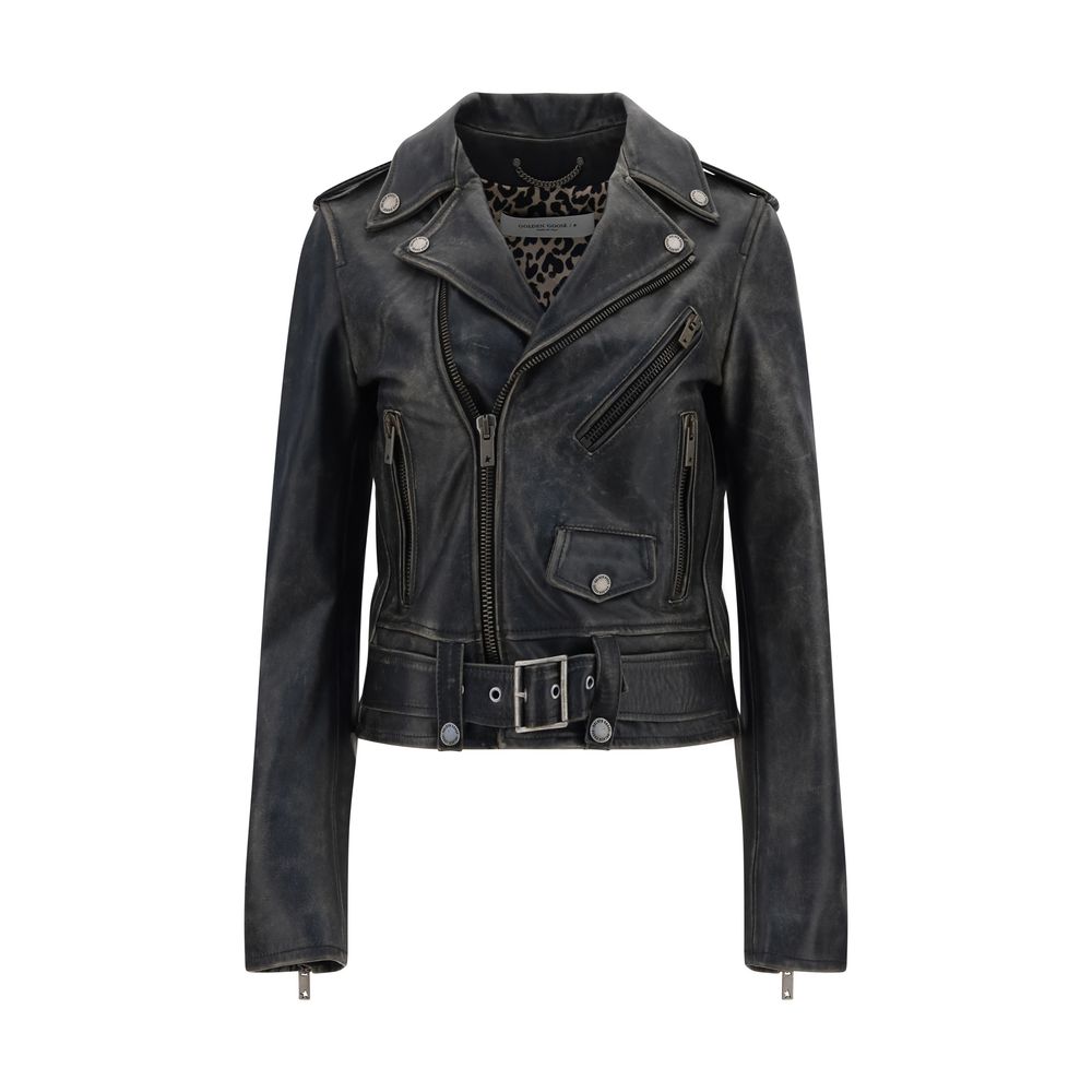 Golden Goose Black Calf Leather Bos Taurus Biker Jacket with asymmetrical zipper, lapels, and belt buckle.