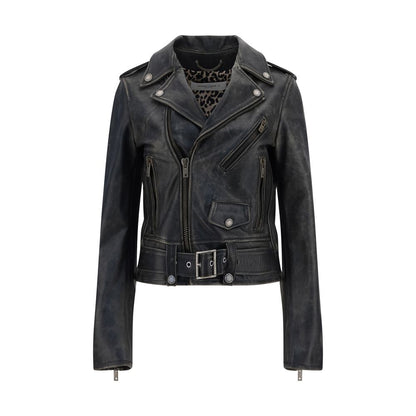Golden Goose Black Calf Leather Bos Taurus Biker Jacket with asymmetrical zipper, lapels, and belt buckle.