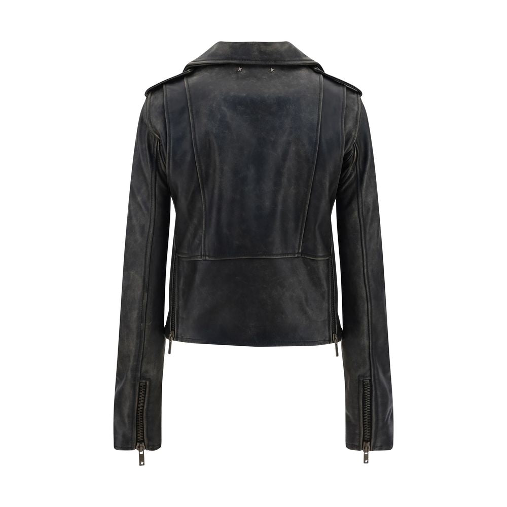 Golden Goose Black Calf Leather Bos Taurus Biker Jacket with classic lapels and metallic buckle waistband, back view