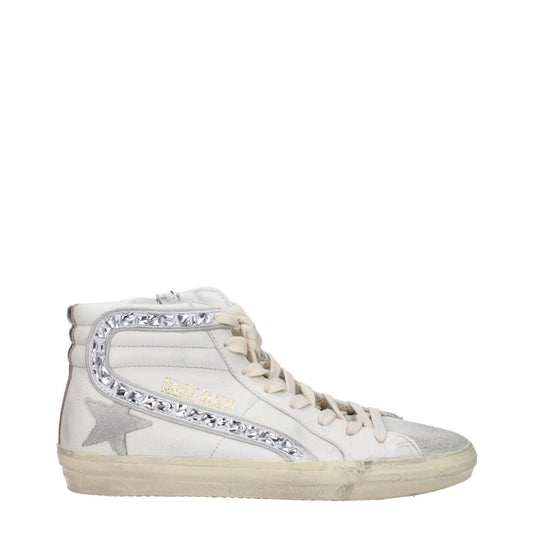 Golden Goose White Leather High Top Sneakers with silver accents, showing vintage and aged effects, and lace-up closure.