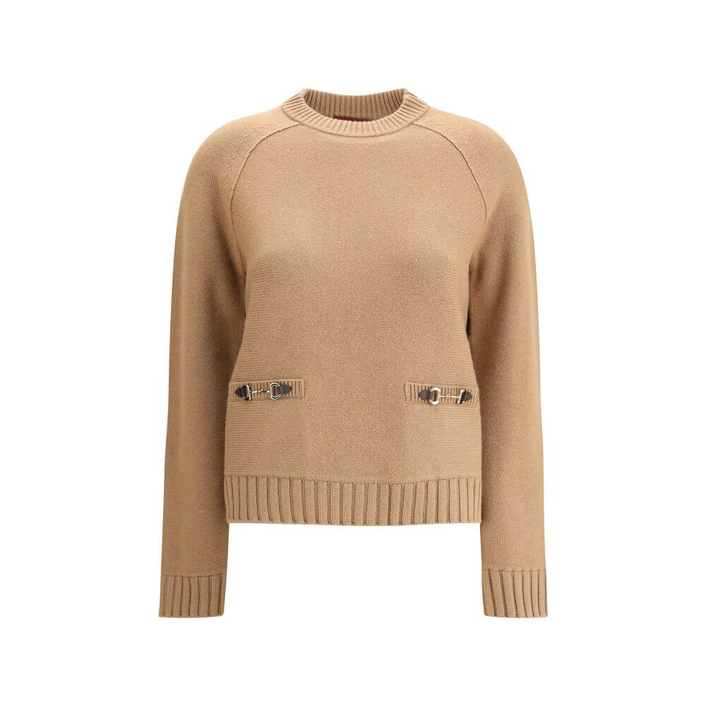 Gucci Beige Wool Sweatshirt with horsebit detail, ribbed crew neck, and faux welt pockets.