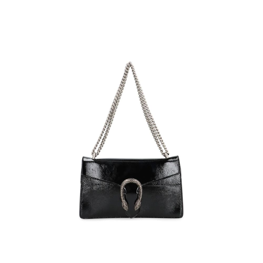 Gucci Black Calfskin Crossbody Bag with antique silver-tone hardware and sliding chain strap, featuring a flap with push-lock closure.
