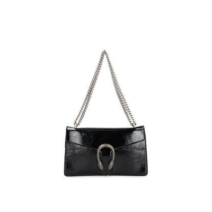 Gucci Black Calfskin Crossbody Bag with antique silver-tone hardware and sliding chain strap, featuring a flap with push-lock closure.
