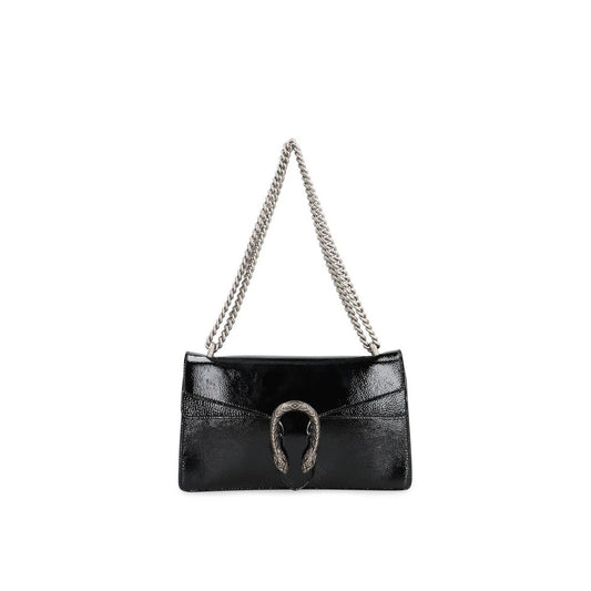 Gucci Black Calfskin Crossbody Bag with antique silver-tone hardware and sliding chain strap, featuring a flap with push-lock closure.