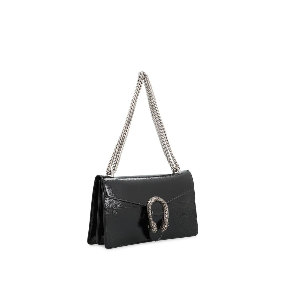 Gucci Black Calfskin Crossbody Bag with sliding chain strap and antique silver-tone hardware, featuring a flap with push-lock closure.