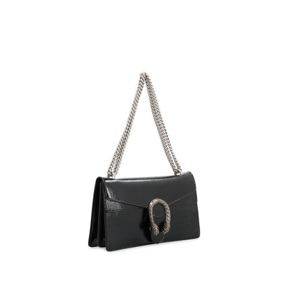 Gucci Black Calfskin Crossbody Bag with sliding chain strap and antique silver-tone hardware, featuring a flap with push-lock closure.
