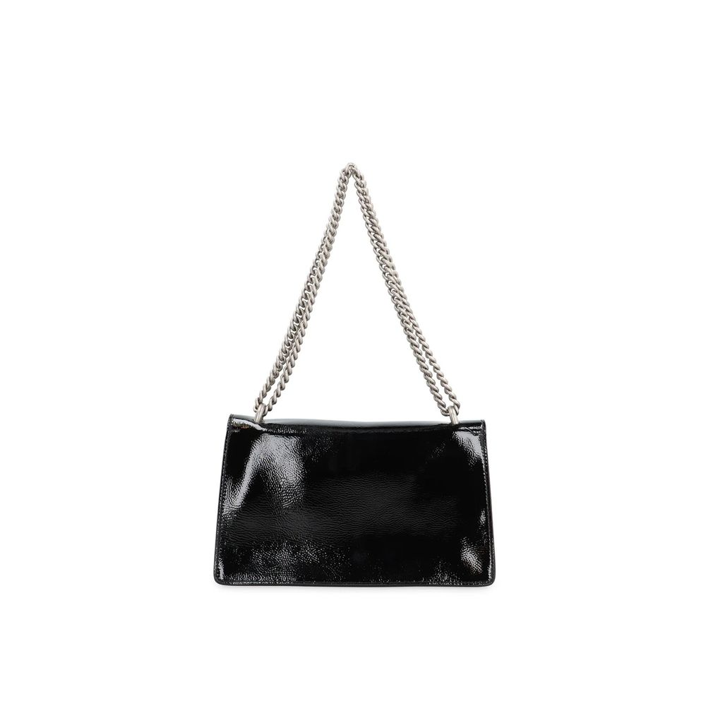Gucci Black Calfskin Crossbody Bag with sliding chain strap and antique silver-tone hardware, featuring a sleek patent leather finish.