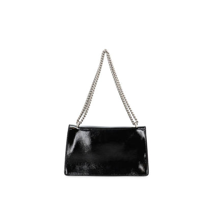 Gucci Black Calfskin Crossbody Bag with sliding chain strap and antique silver-tone hardware, featuring a sleek patent leather finish.