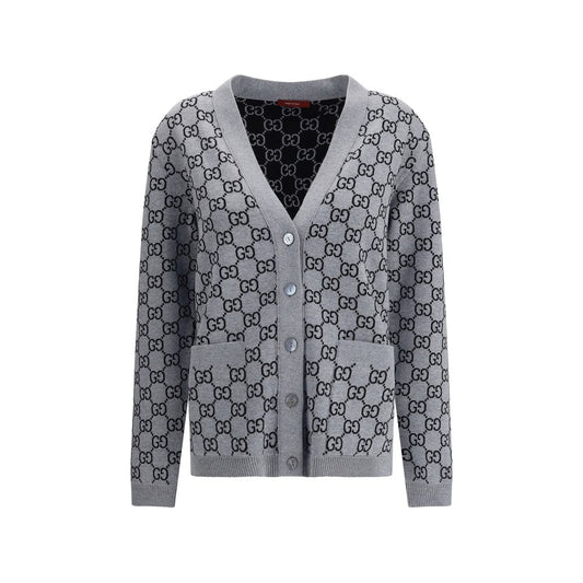 Gucci Black Wool Cardigan with GG pattern, V-neckline, and front pockets, perfect for smart or casual looks, in black and white.