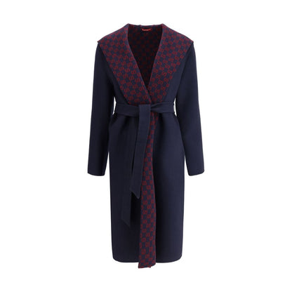 Gucci Blue Wool Coat with monogram hood and sash, elegant design, side welt pockets, and contrasting interior.