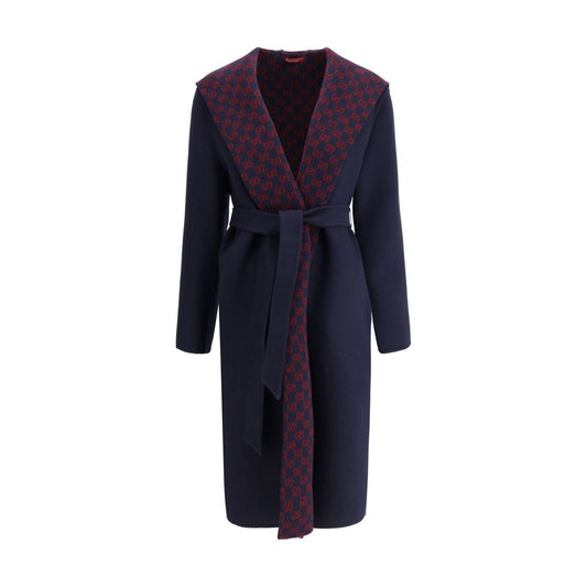 Gucci Blue Wool Coat with hood, knotted sash, side welt pockets and Gucci monogram inner panel for timeless elegance and practicality.