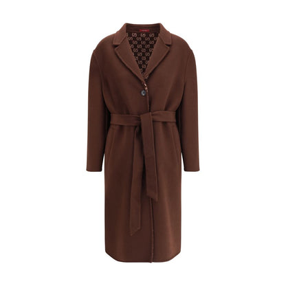 Gucci Brown Wool Coat with notch lapels and reversible silk wool design, showcasing side pockets and a button closure for elegant style.