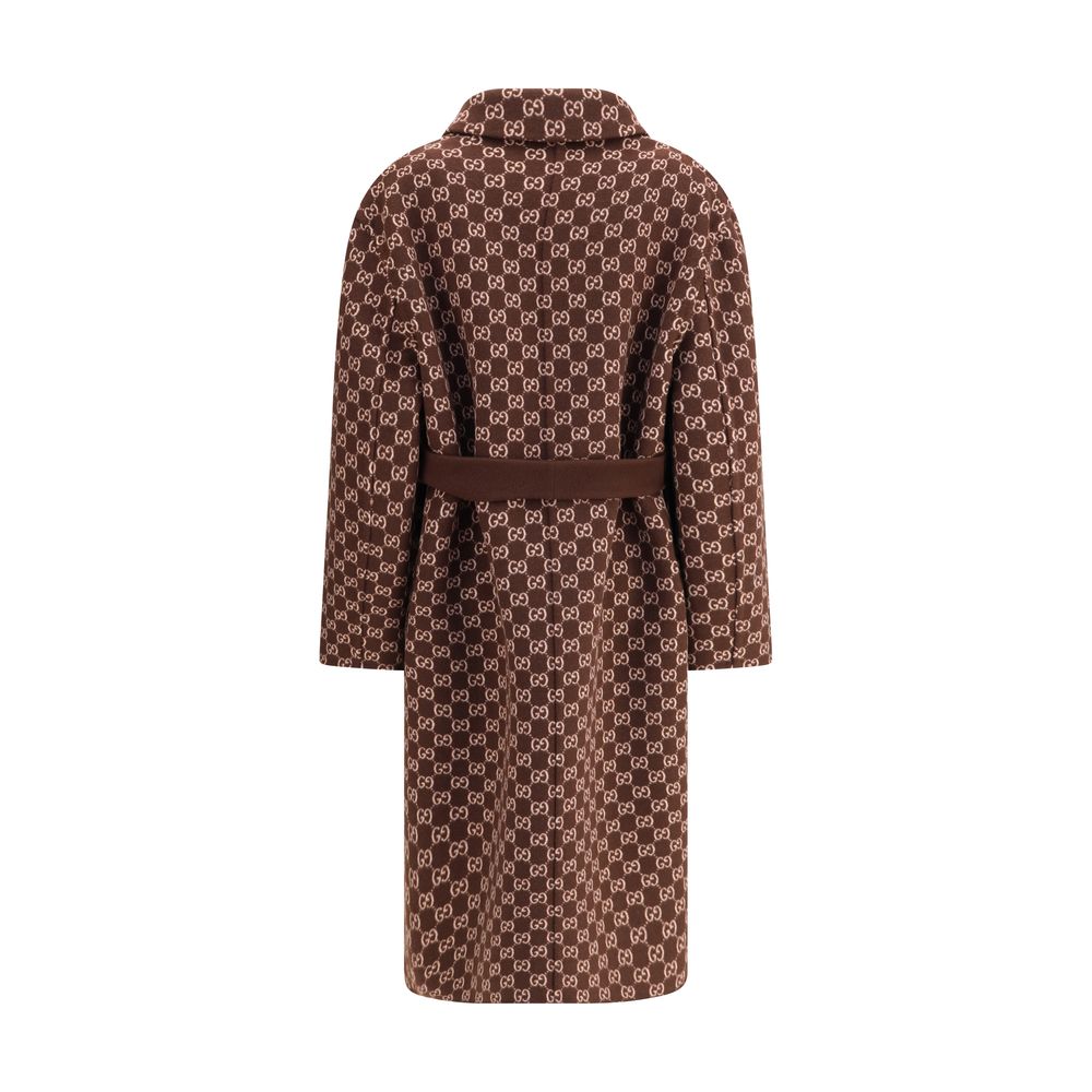 Gucci Brown Wool Coat with GG pattern, reversible silk lining, notch lapels, side pockets, and button closure, back view