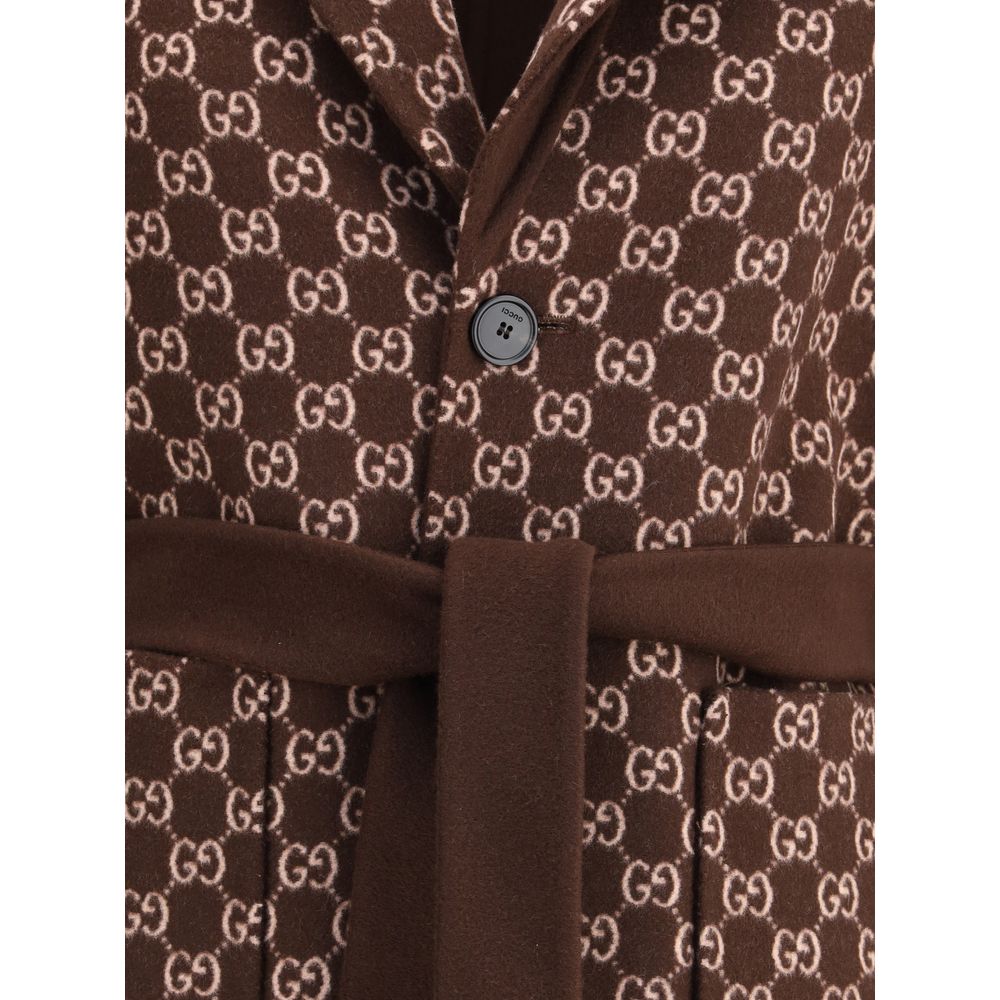 Close-up of Gucci Brown Wool Coat with GG pattern and button closure