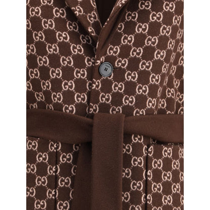 Close-up of Gucci Brown Wool Coat with GG pattern and button closure