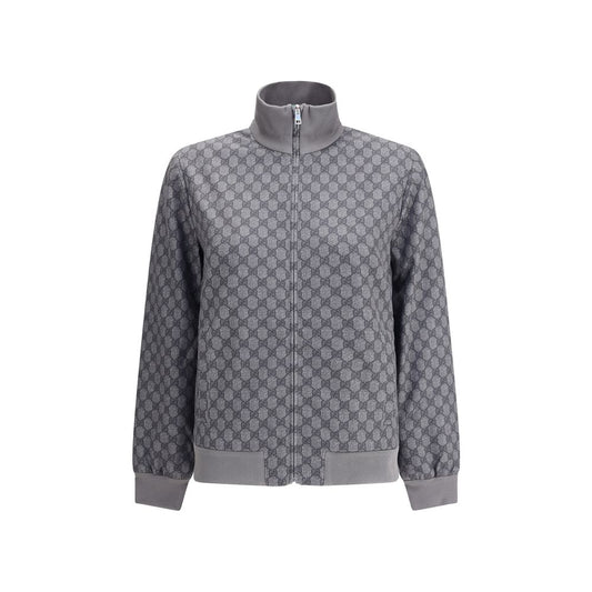 Gucci Gray Polyester Sweatshirt featuring front zipper, high ribbed neck, and iconic GG motif, showcasing sporty sophistication.