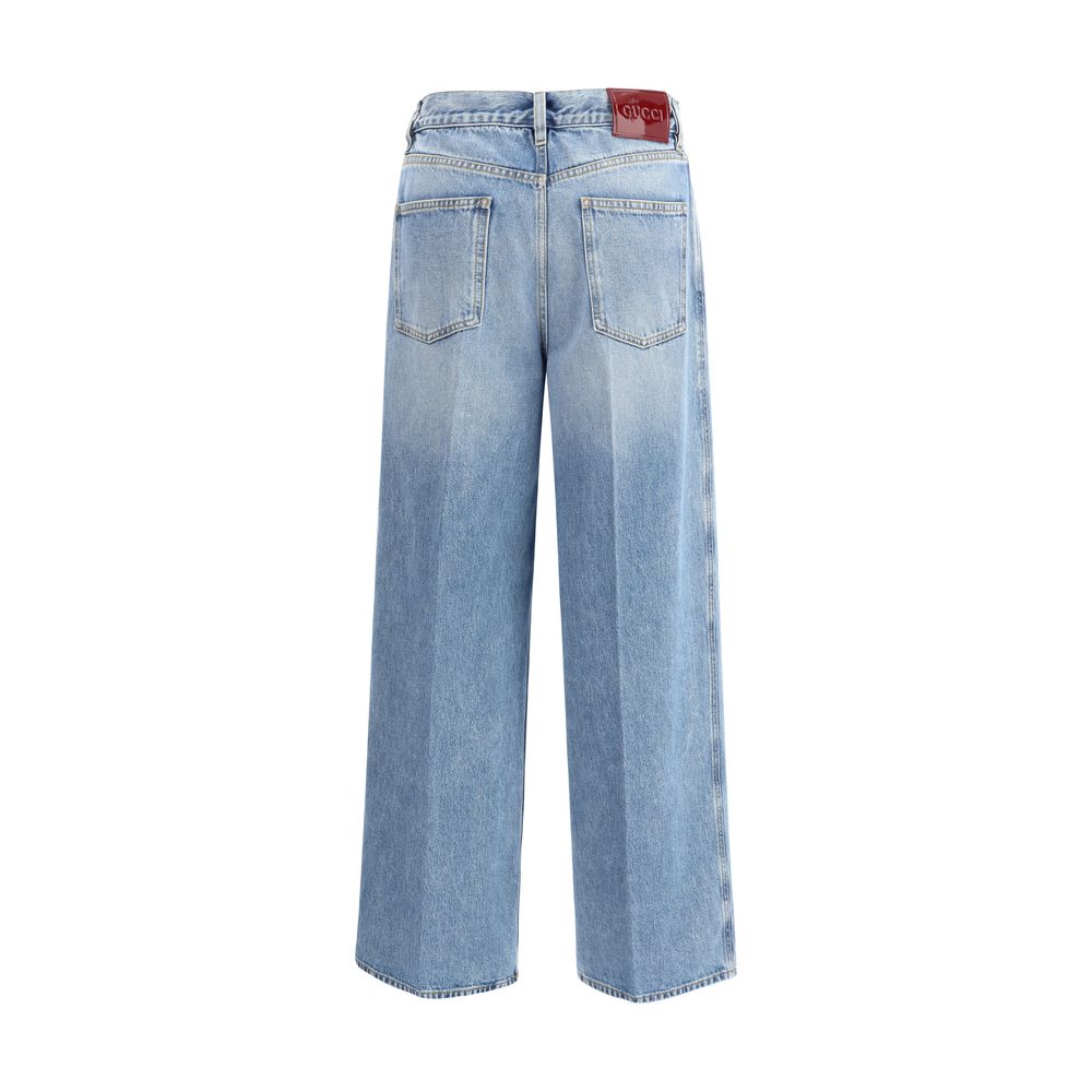 Gucci Light Blue Cotton Jeans Denim with wide leg, high waist, and contrast stitching for a vintage modern look, AW25 season.
