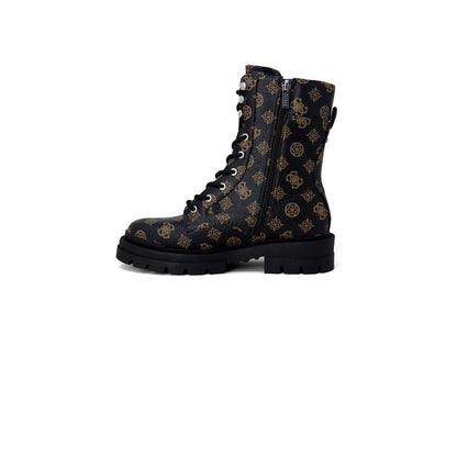 Guess Brown Artificial Leather Lace-Up Boots with Guess monogram and side zipper, urban style and comfortable rubber sole in black.