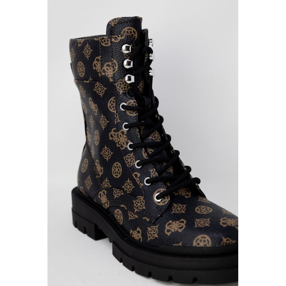 Guess Brown Artificial Leather Lace-Up Boots with monogram and thick rubber sole