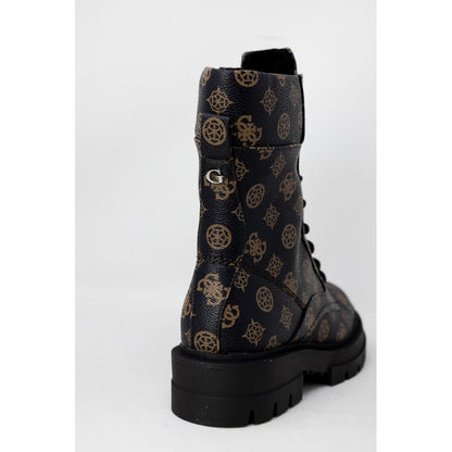 Guess Brown Artificial Leather Lace-Up Boots with monogram print and thick rubber sole, side zipper visible from rear angle.