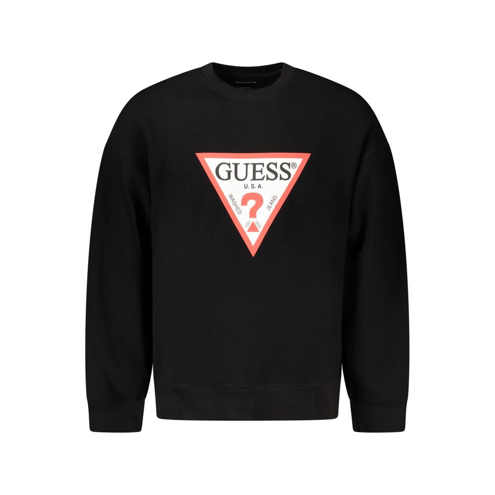 Guess Jeans Black Cotton Men Sweater with logo, oversized fit, crew neck, and long sleeves