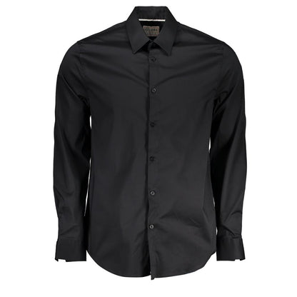 Guess Jeans Black Cotton Shirt with long sleeves, slim fit, Italian collar, and logo embroidery.