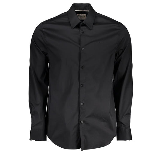 Guess Jeans Black Cotton Shirt with long sleeves, slim fit, Italian collar, and logo embroidery.