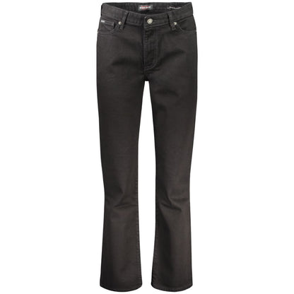 Guess Jeans Black Cotton Women's Jeans, Mid Rise Straight, featuring five-pocket design and iconic logo for chic style.