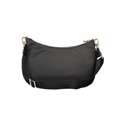 Guess Jeans Black Polyester Handbag featuring adjustable strap and recycled materials, with zip closure and internal pocket.