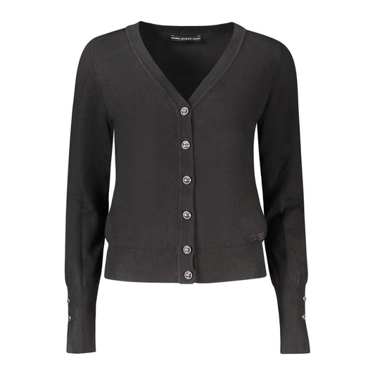 Guess Jeans Black Viscose Women Cardigan with rhinestone buttons and Guess logo, elegant V-neck design