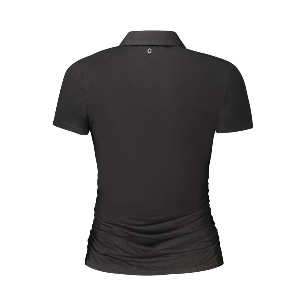 Back view of Guess Jeans Black Viscose Women Top with collar and short sleeves featuring sleek design for trendy style.