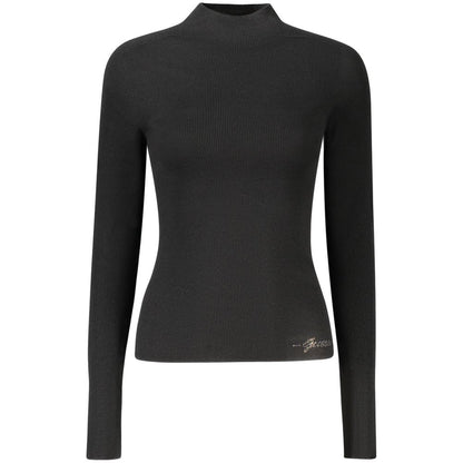 Guess Jeans Black Wool Women Sweater with rhinestones, long sleeves, and high neckline for chic sophistication.