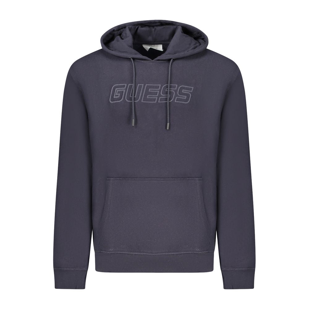 Guess Jeans Blue Cotton Men Sweater with hood and front pocket; premium fabric, iconic logo design for stylish streetwear.