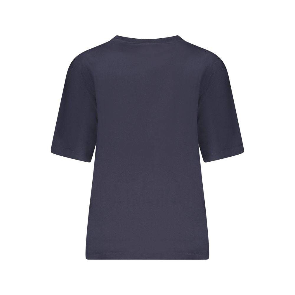 Back view of Guess Jeans Blue Cotton Women T-Shirt, oversized casual wear with short sleeves and crew neck, emphasizing chic comfort.