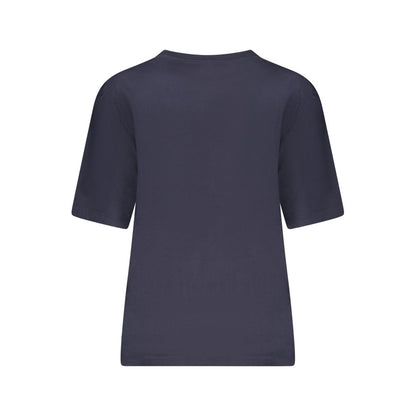 Back view of Guess Jeans Blue Cotton Women T-Shirt, oversized casual wear with short sleeves and crew neck, emphasizing chic comfort.