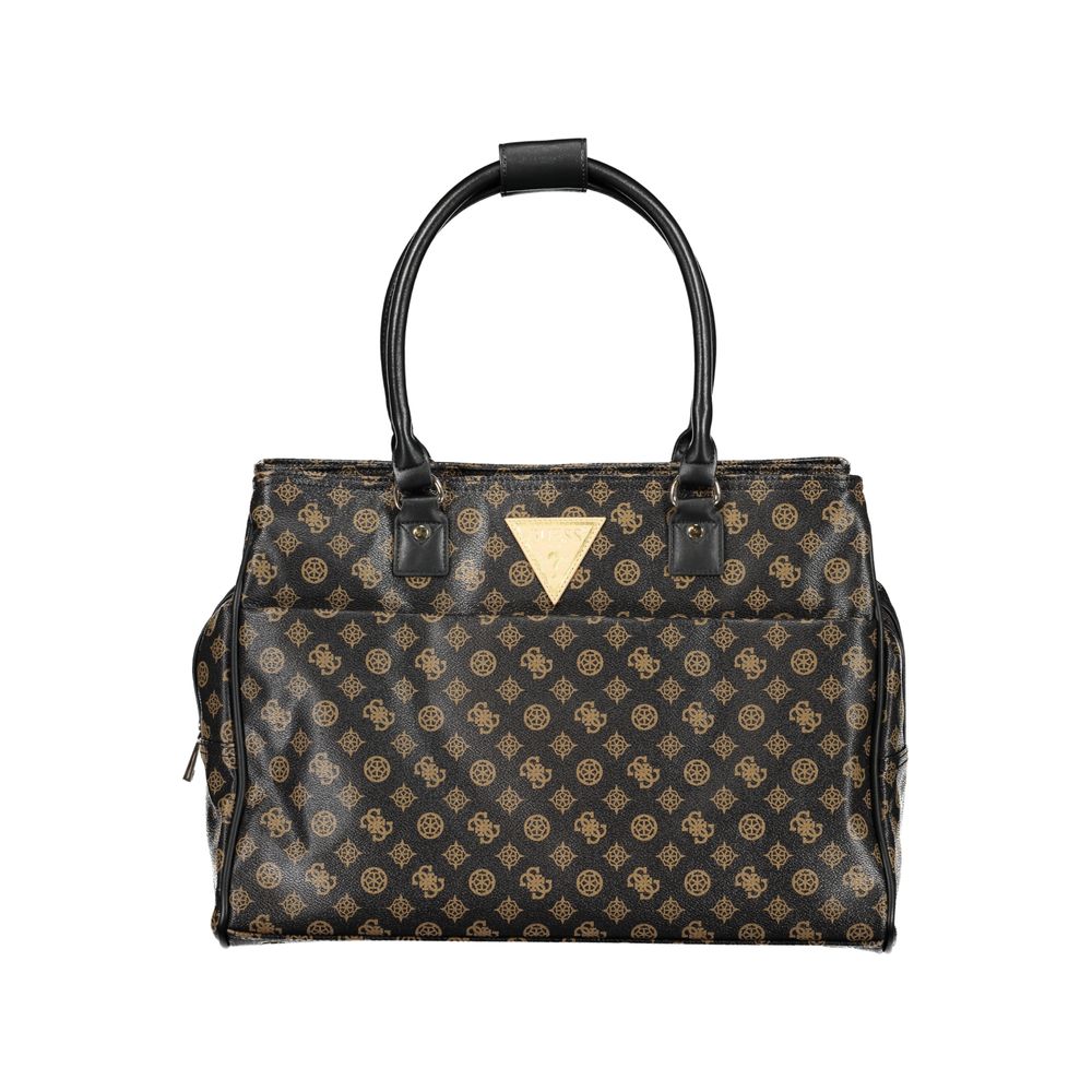 Guess Jeans Brown Polyethylene Handbag with two shoulder handles, external pocket, and zip closure, featuring protective feet and logo.
