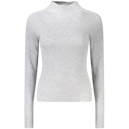 Guess Jeans Gray Wool Women Sweater with high-neck design and rhinestone logo embellishments, crafted with a luxurious wool blend for comfort.