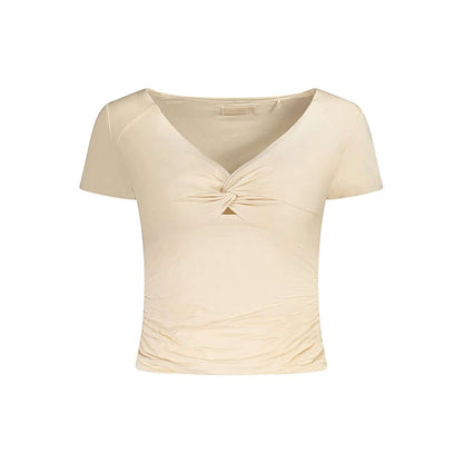 Alt Tag: Women's short sleeve top with v-neck in beige color, showcasing elegant design and ruching details.